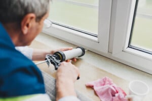 An older man repairs his home to reduce his fall risk